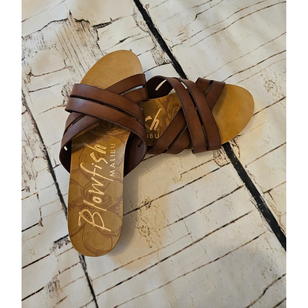 Blowfish Malibu Brown Crisscross Slide Wedge Sandals Size 7 EUC